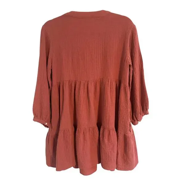 Madewell Sz 4 Cotton Gauze Baby Doll Dress Deep Coral Button Front Mini Pockets - Picture 5 of 6